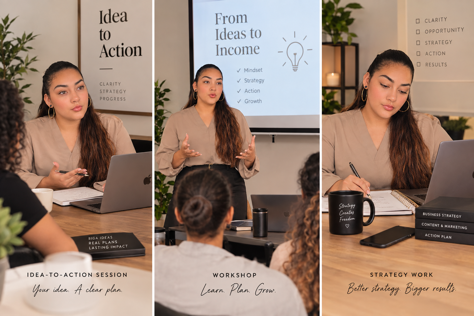 Kim in an Idea-to-Action session, leading a workshop, and doing strategy work